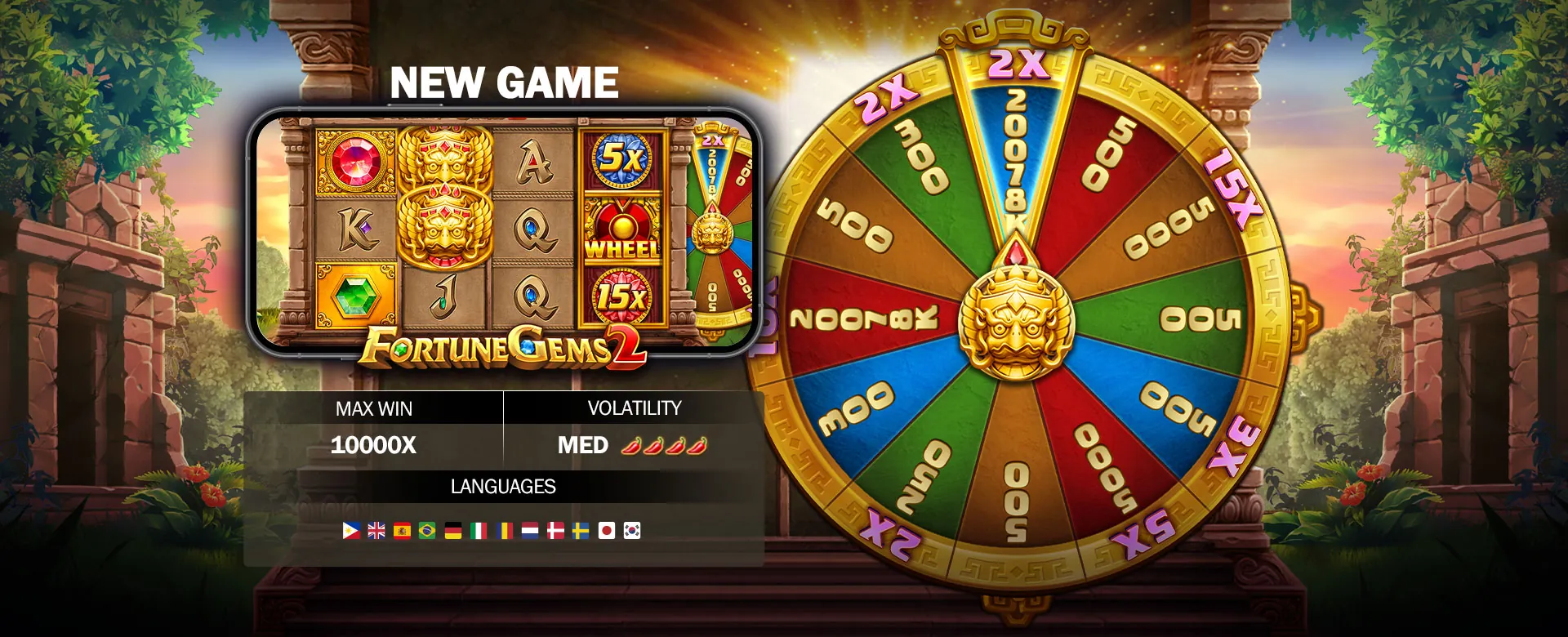 A vibrant online casino interface with various super games and a focus on player choice, set against a gold and black backdrop.